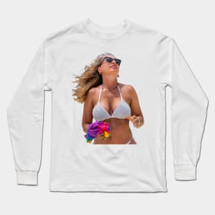 Woman Wearing a Silver Bikini and Sunglasses Long Sleeve T-Shirt